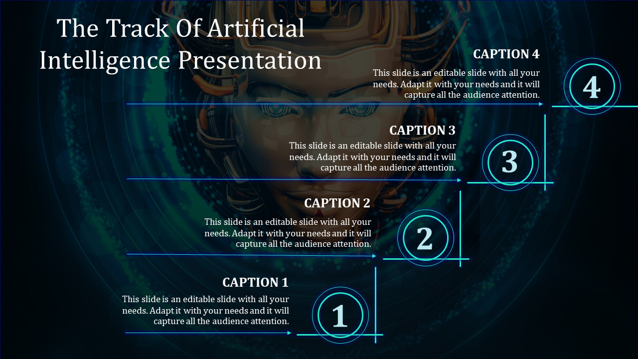 Artificial Intelligence PowerPoint slide with four numbered captions and arrows, featuring a digital face in the background.