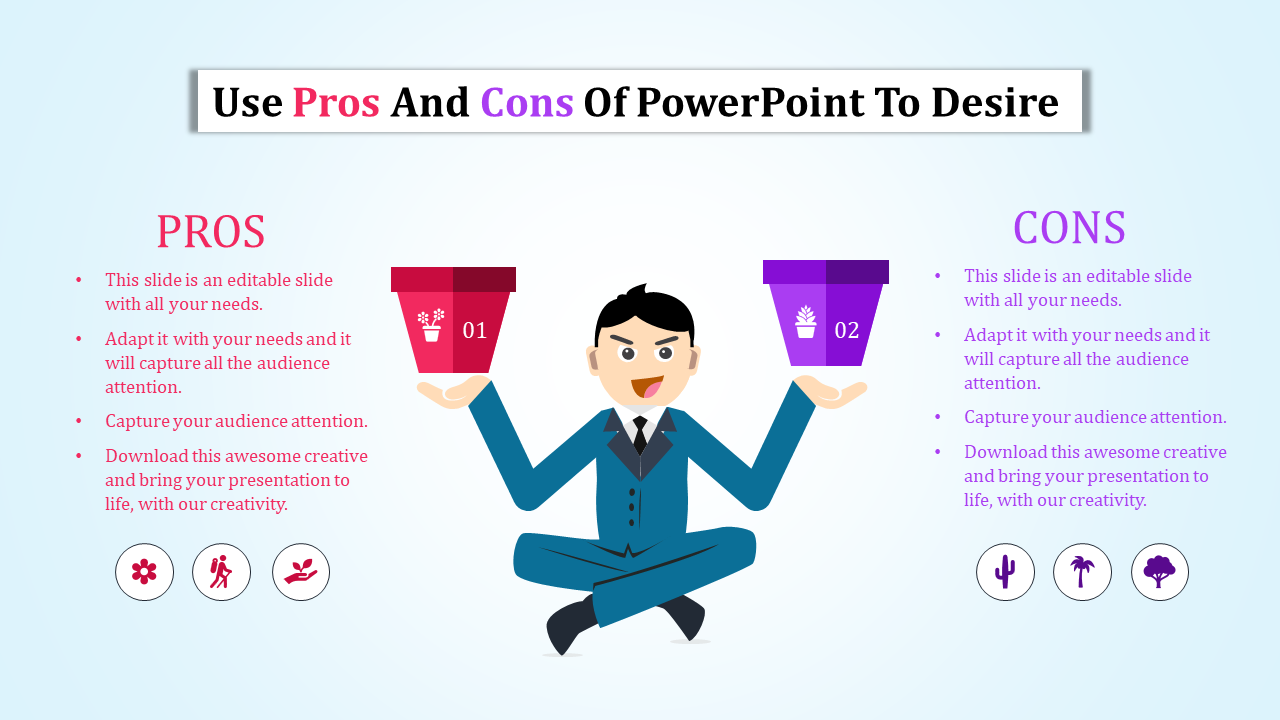 Pros and cons slide with a character balancing red and purple pots, representing advantages and disadvantages.