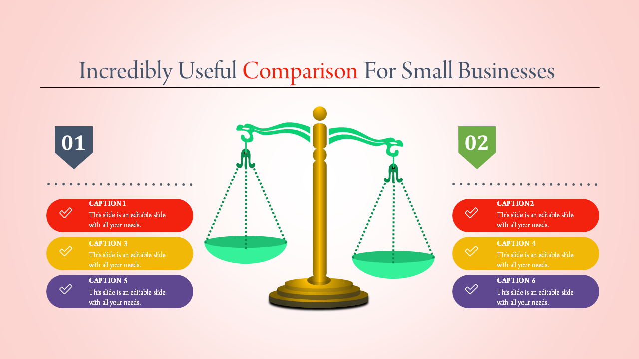 A slide featuring a balanced scale illustrating comparison for small businesses with numbered sections for detailed analysis.