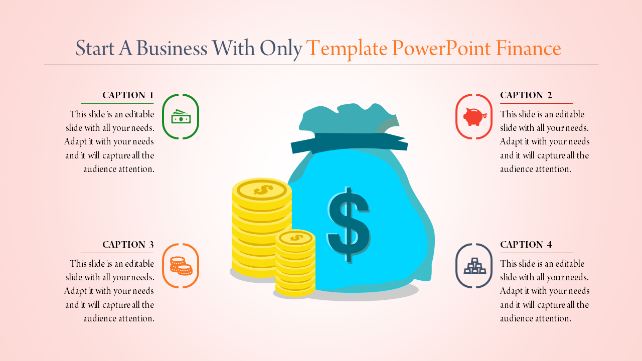 Finance PowerPoint template featuring a money bag and captions with icons.