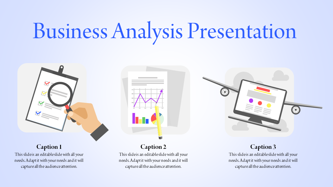 Business slide with three icons of checklist, graph with pencil, and airplane with a monitor on a light blue backdrop.