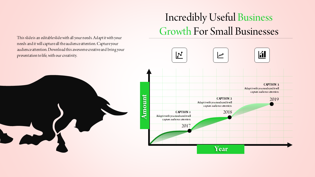 Slide showcasing a business growth curve from 2017 to 2019 with icons and captions for key milestones.