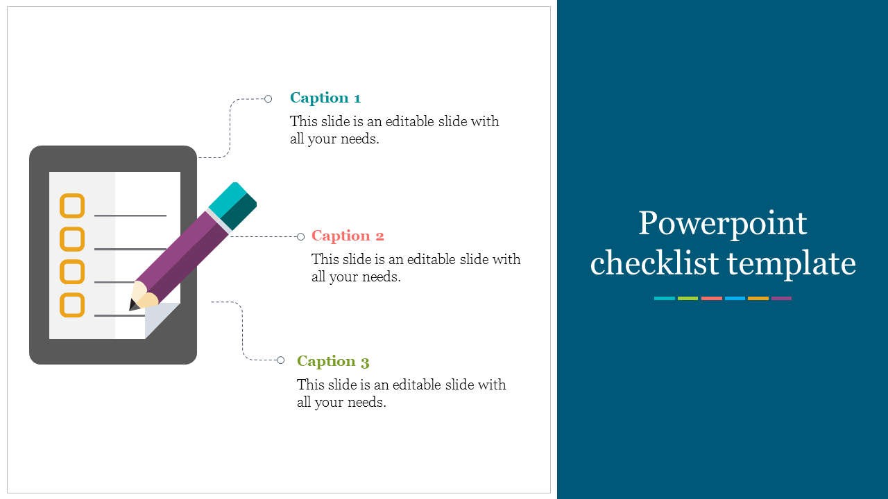 Template with a checklist graphic and pencil, accompanied by three colored caption areas and a teal title section.