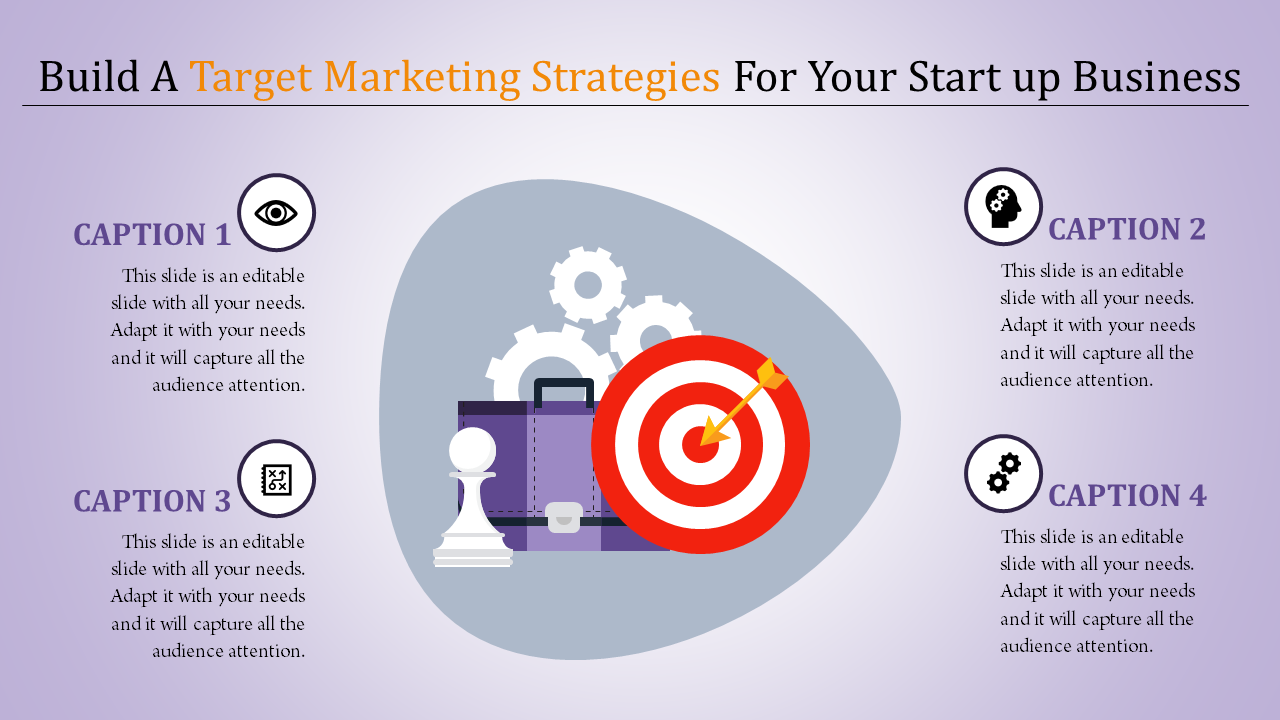 Target marketing slide featuring a bullseye, chess pawn, briefcase, and gears, representing strategic business planning.