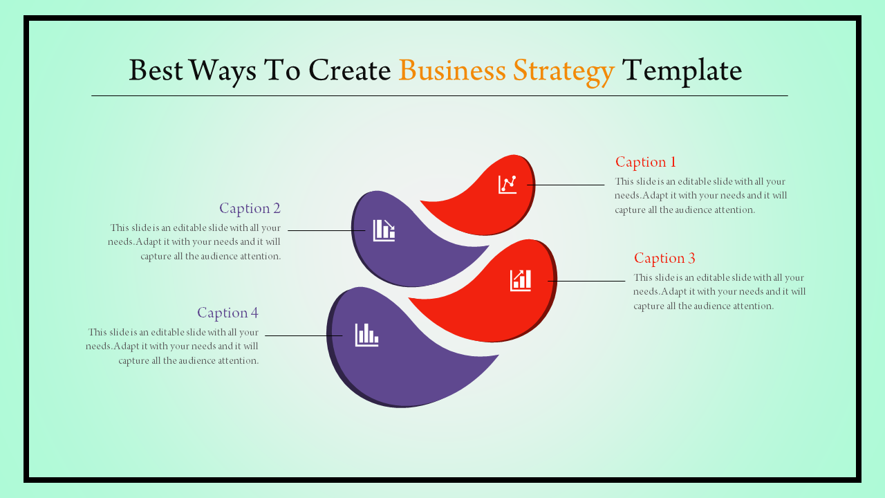 Business strategy template with red and purple infographic layers and chart icons, featuring four caption areas.