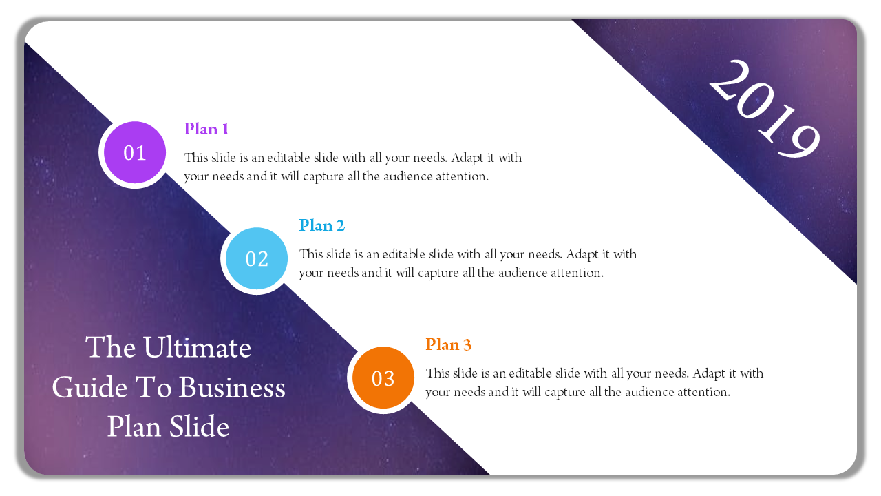 Business slide with a diagonal layout, featuring three numbered steps in colored circles, on a gradient purple background.