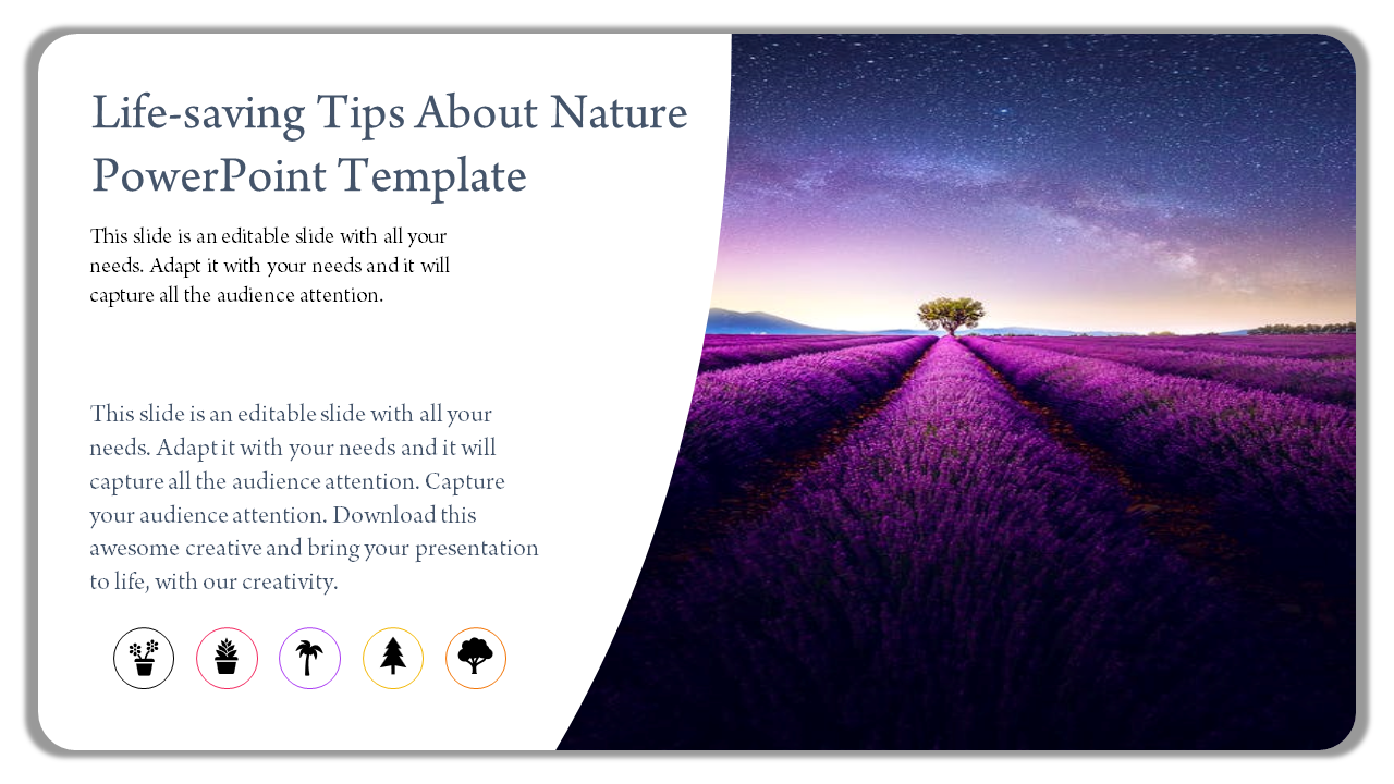 Nature themed PowerPoint template with a purple lavender field and a single tree in the distance with placeholder text.