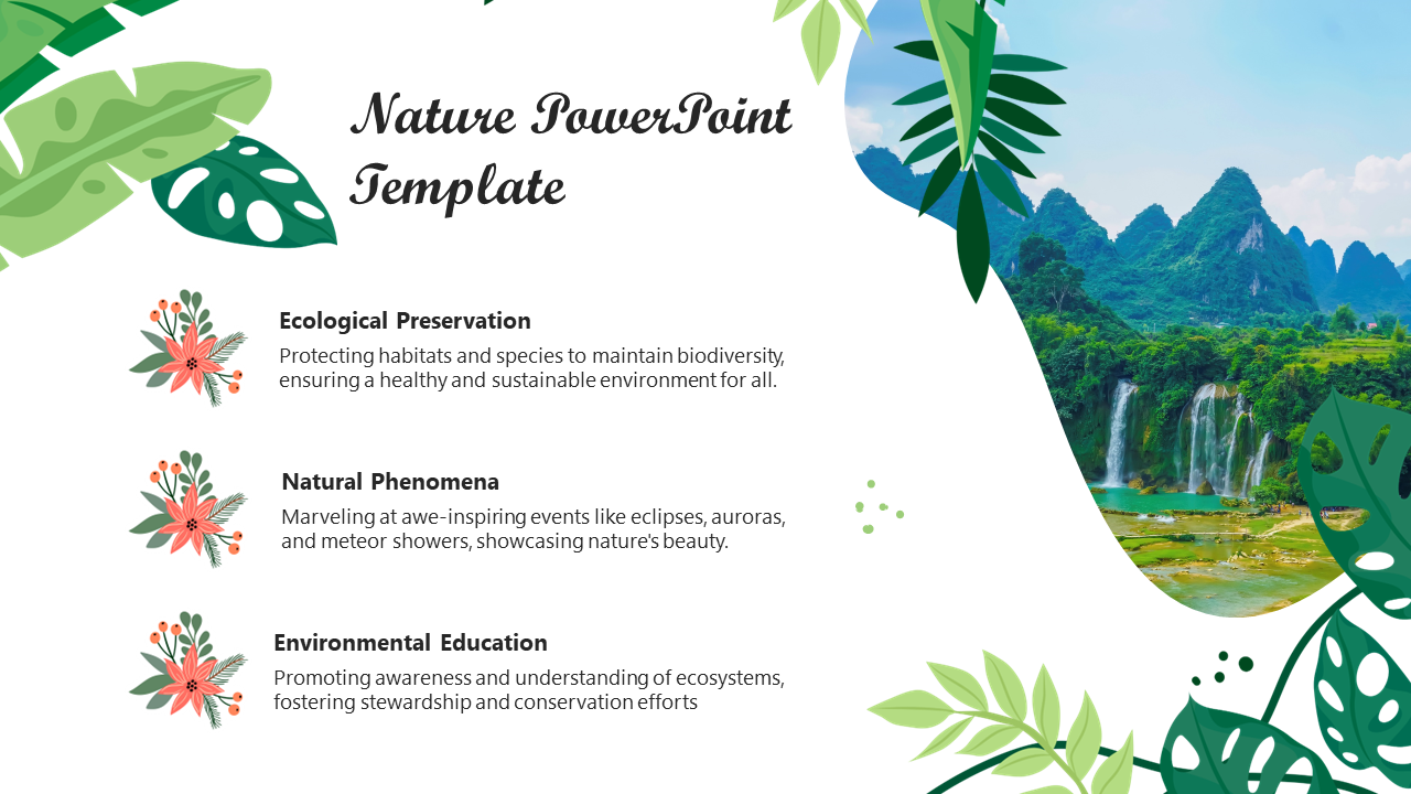 Nature themed slide with three floral icons, descriptive text, and a scenic waterfall image on the right.