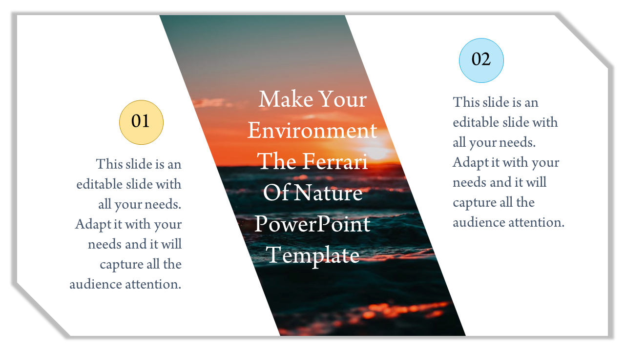 Nature-themed template with a central sunset ocean image and text sections on yellow and blue circular markers.