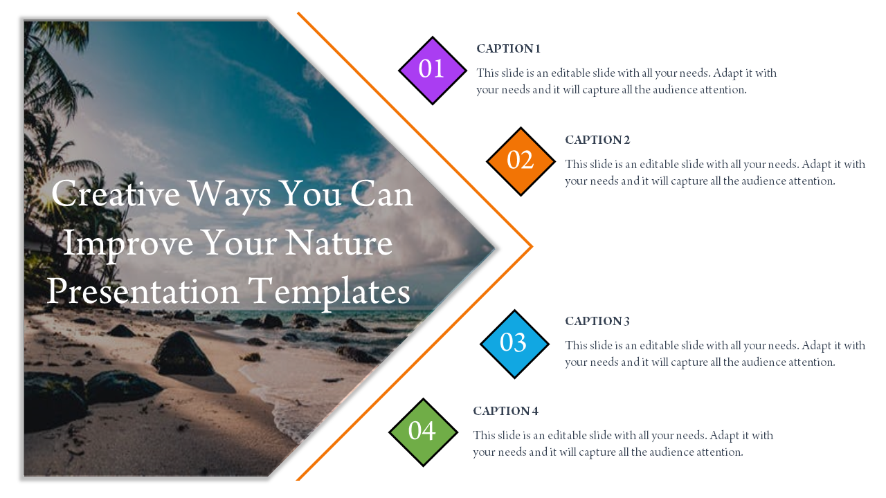 Nature themed PowerPoint template with a scenic beach photo on the left and four captions on the right.