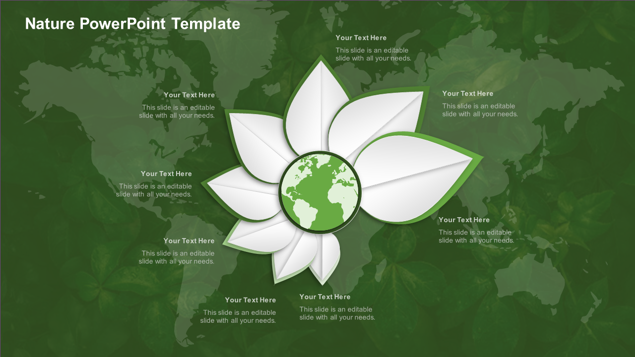 A green themed slide featuring a leaf design around a globe, with multiple text areas for content.