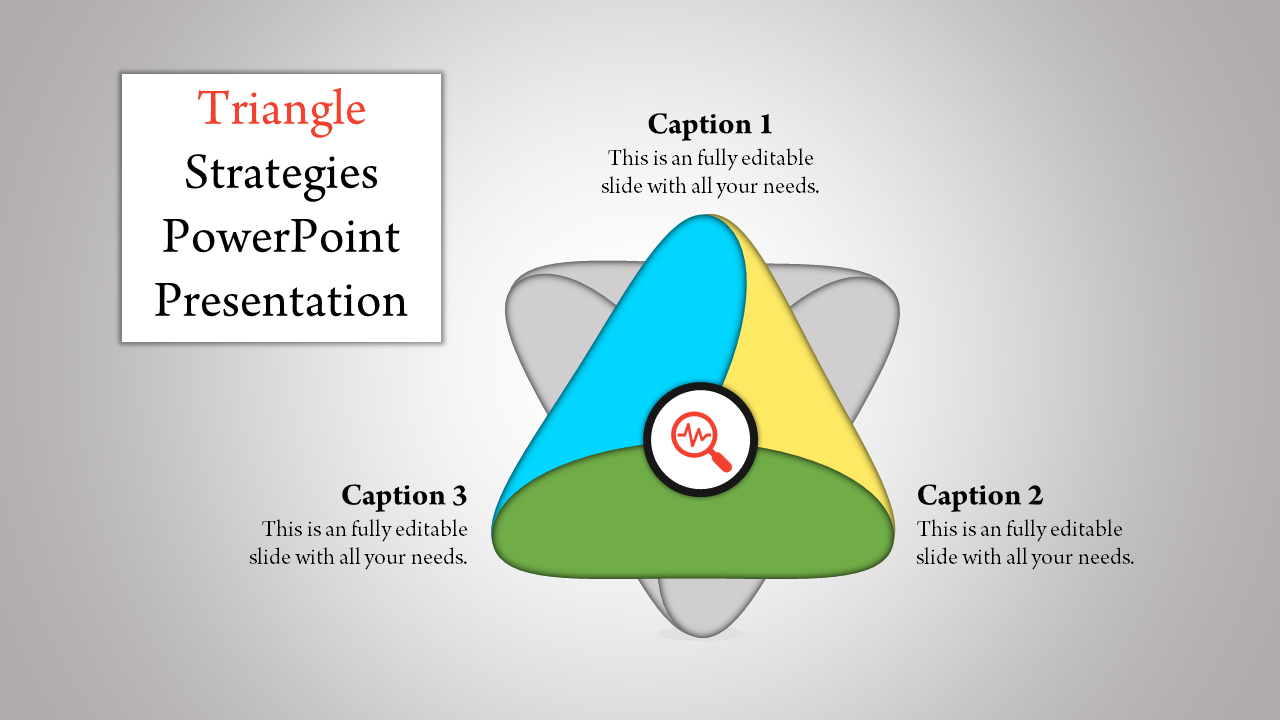 Template featuring a triangular diagram with blue, yellow, and green segments and a central magnifying glass icon.