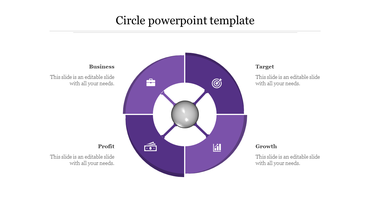 Purple circle PowerPoint template with four quadrants from Business to Growth, with icons for each section.