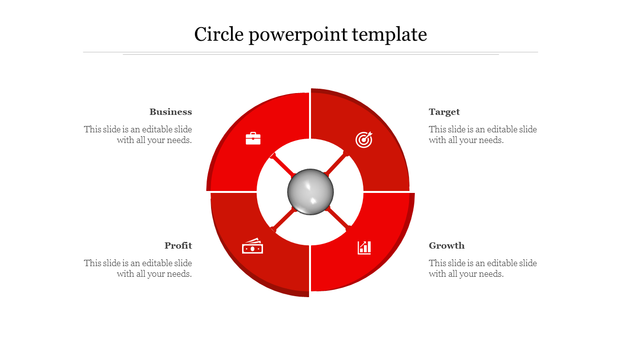 Four sectioned red circular infographic with icons for business, target, profit, and growth, linked by a central hub.