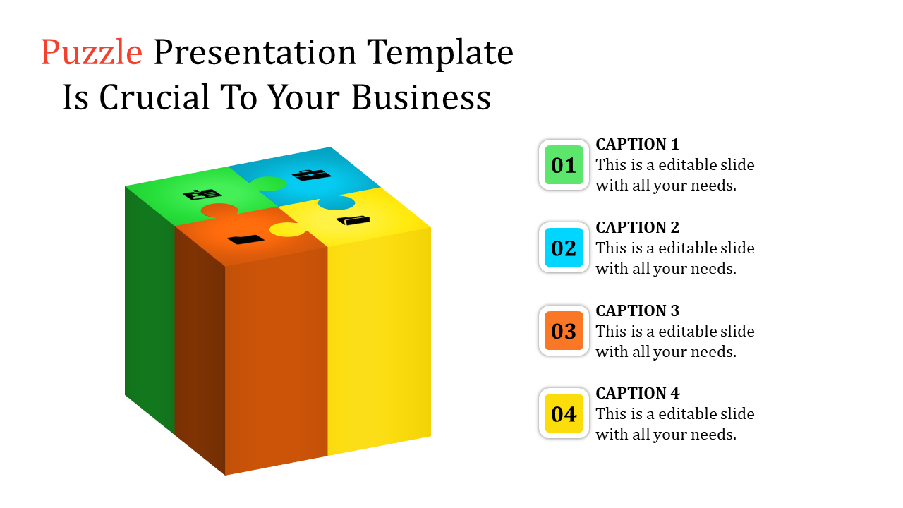 3D puzzle cube with vibrant colored sections labeled as captions, emphasizing interconnected business concepts.