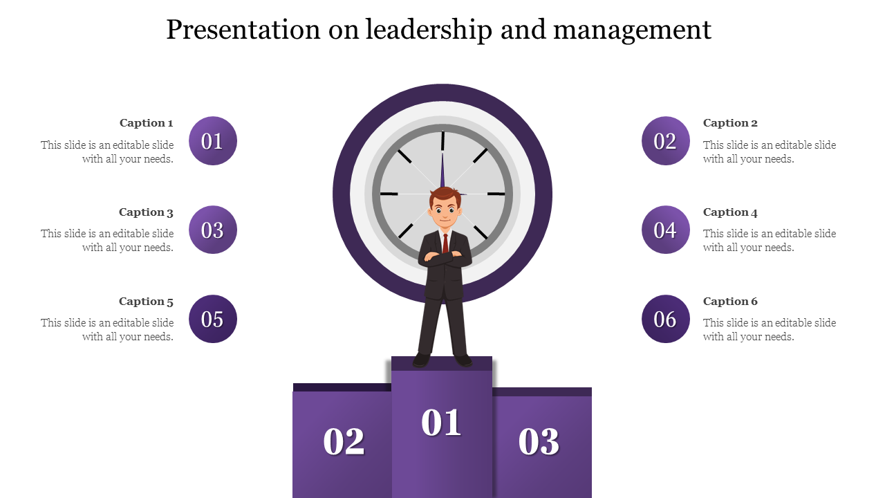 Purple themed PowerPoint slide on leadership and management with a businessman standing on a podium.