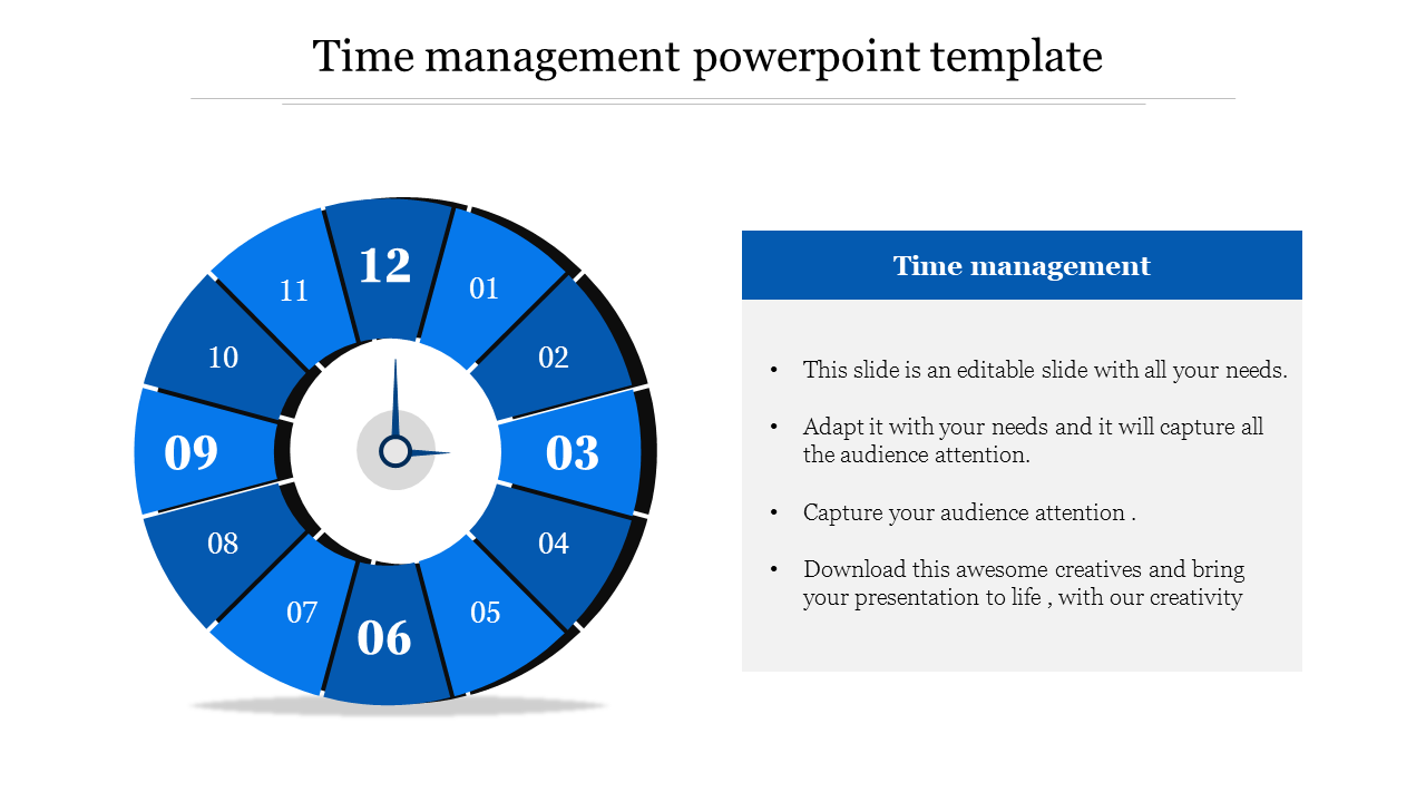 Time management PPT slide with a blue clock design divided into 12 sections, each labeled with numbers and a text box.