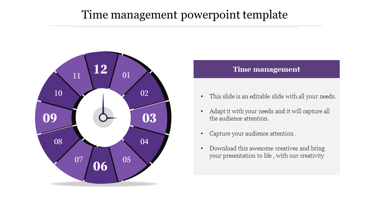 Circular clock diagram in purple with numbered sections from 01 to 12, paired with a text box on the right.