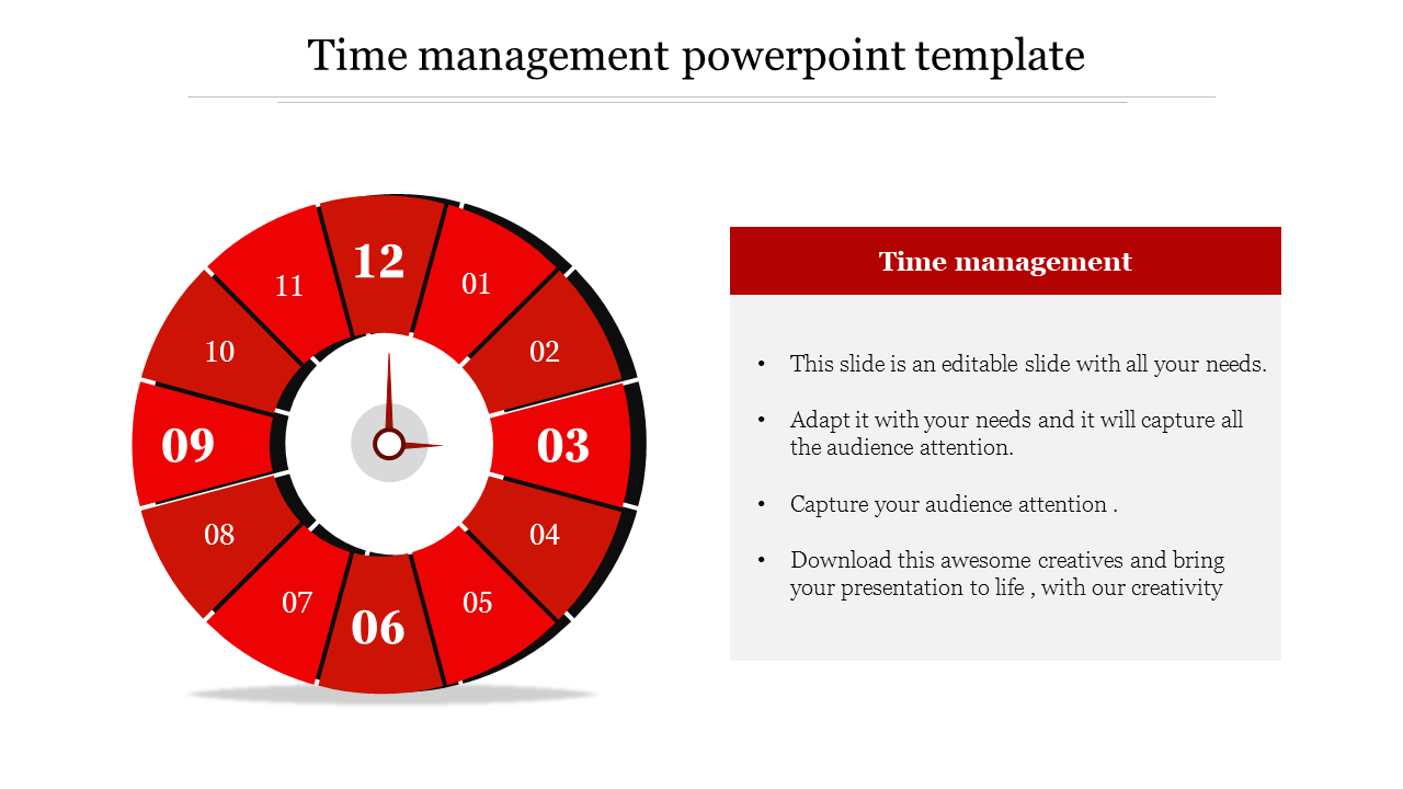 A red circular clock diagram segmented into 12 parts, paired with a text box for time management details on the right.