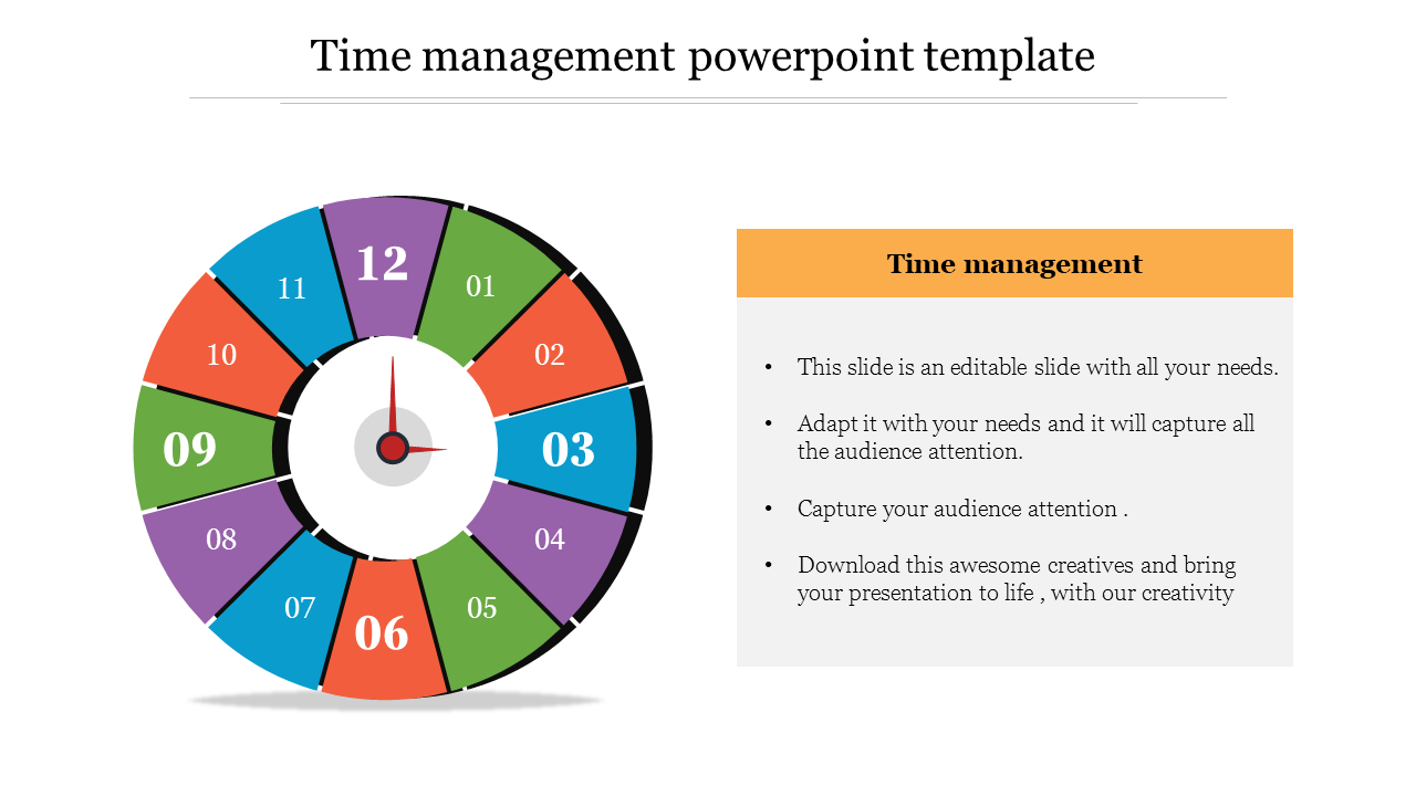 Multicolor segmented clock graphic with 12 parts and a yellow title box containing bullet points for time management.