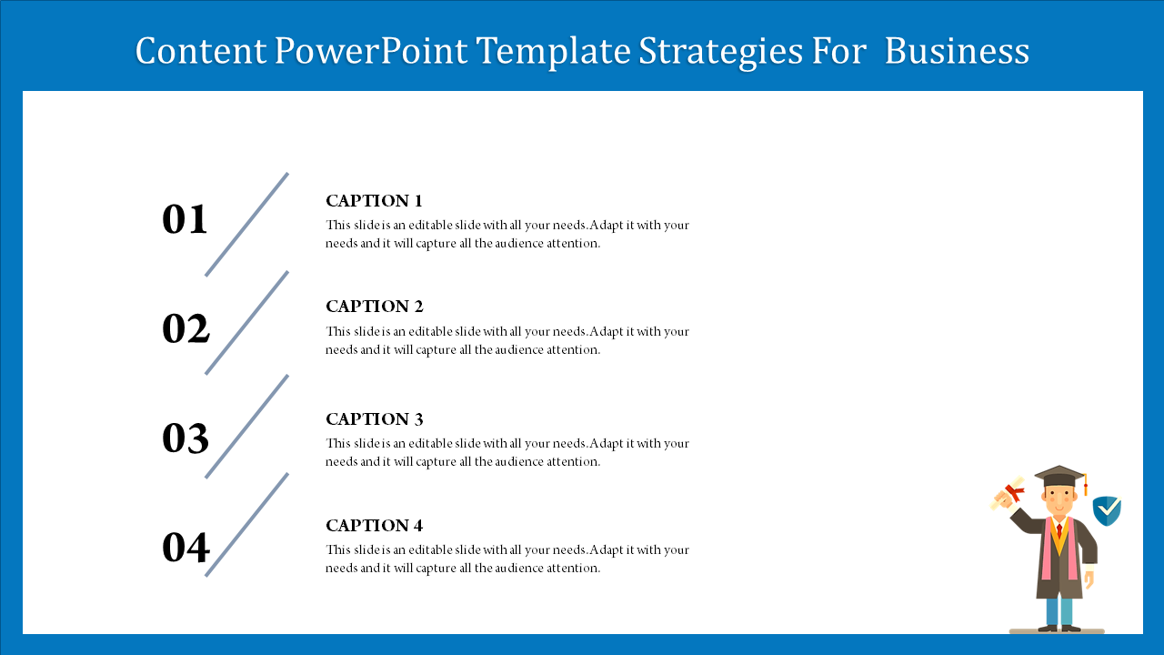 Four numbered captions on a business PowerPoint slide with a graduate illustration holding a diploma.