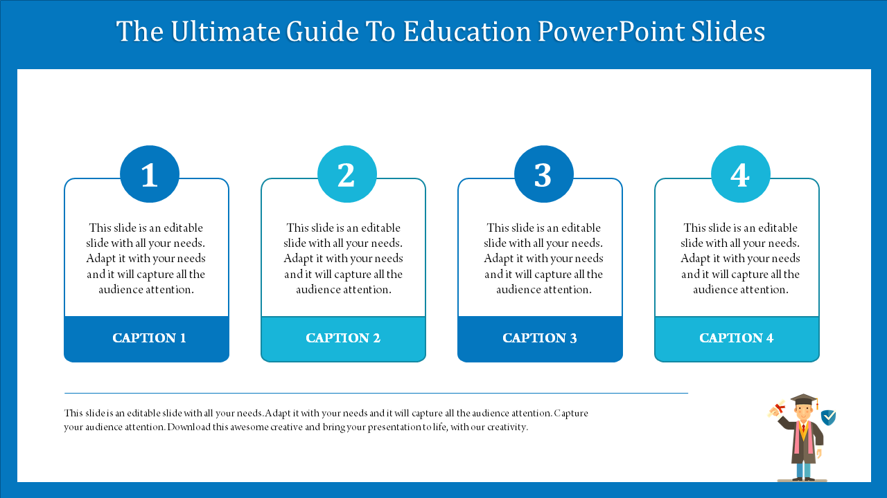 Education slide featuring four numbered sections with blue accents, and a graduate illustration in the bottom corner.