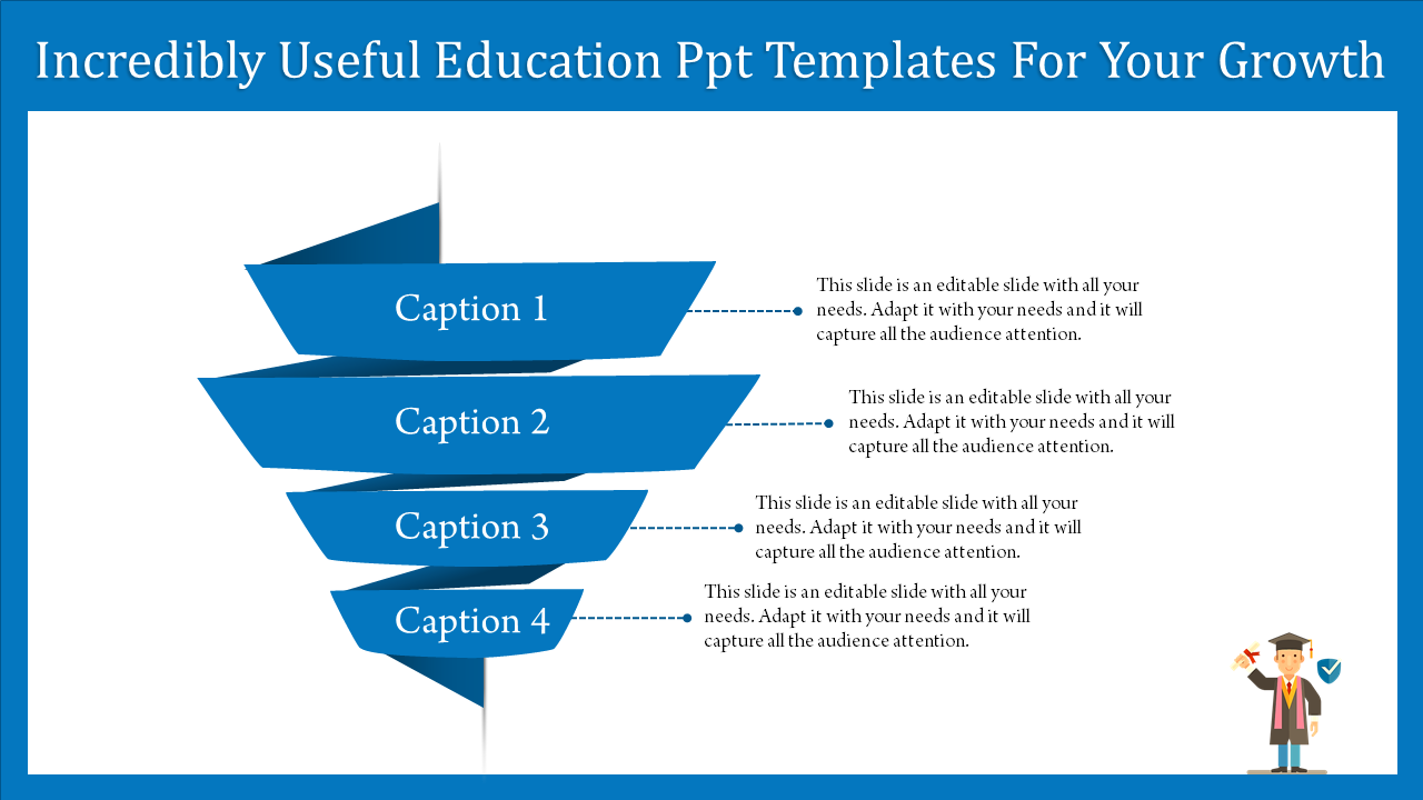 Education template with a multi tiered funnel structure, accompanied by captions and text descriptions.