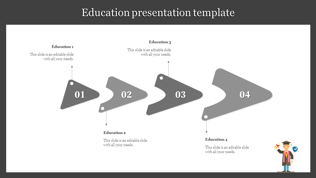 Education PPT slide with grey arrows representing the steps in the learning process, including icons on a white backdrop.