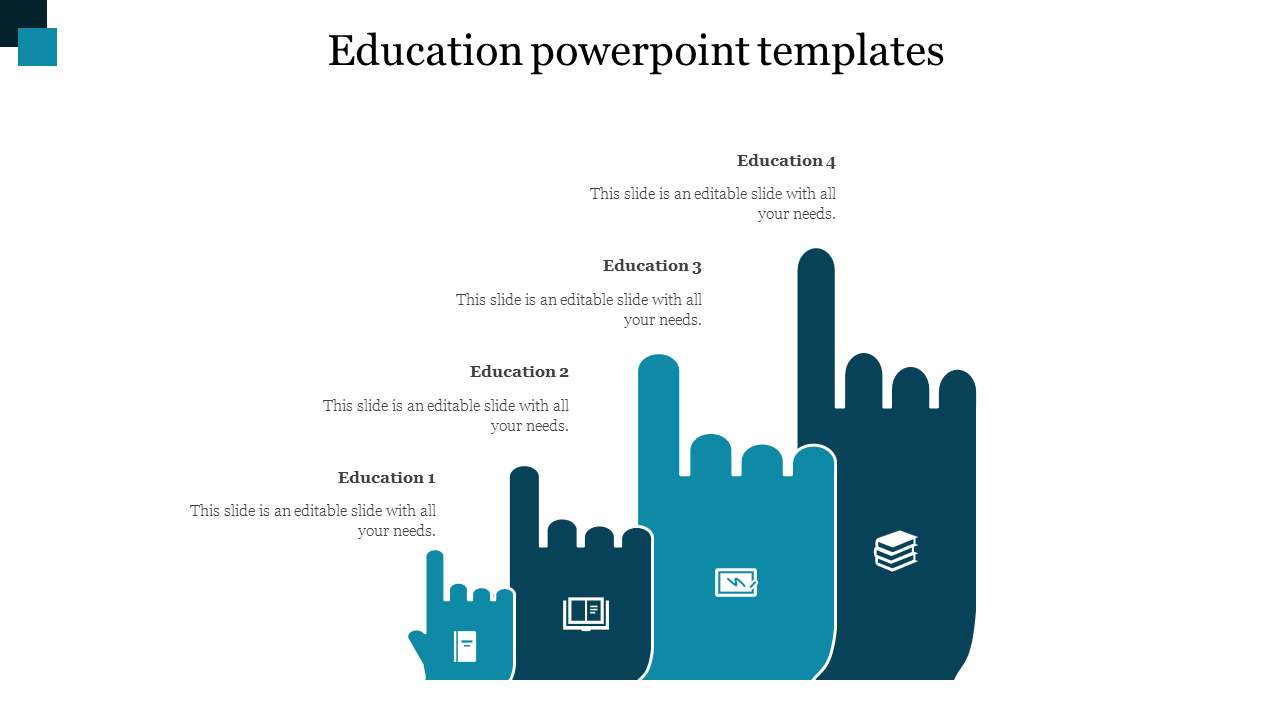 Education themed infographic with blue gradient hands of different sizes, each containing an icon and a caption.