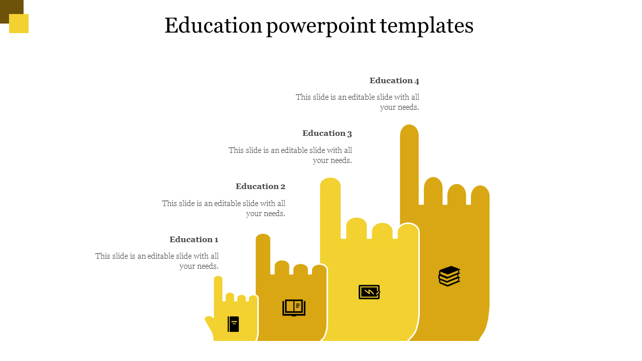 Education infographic with four ascending hands in yellow tones, each symbolizing learning concepts with icons.