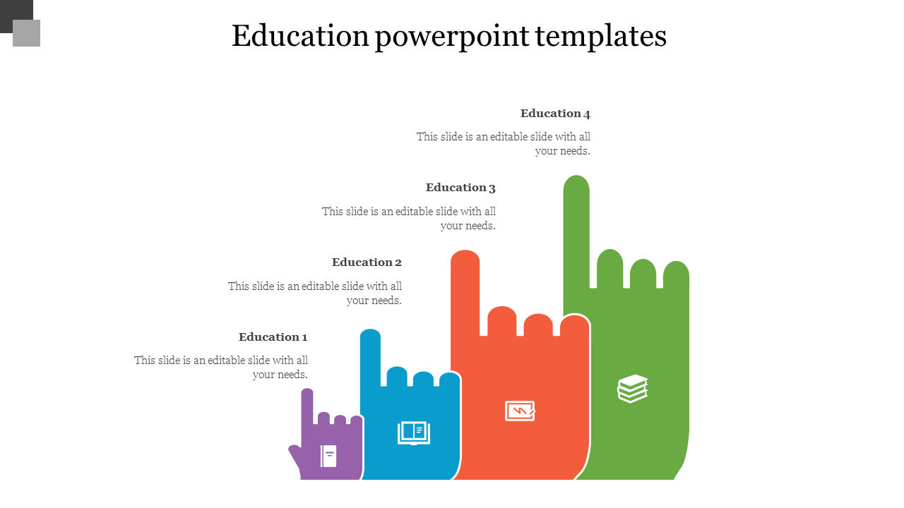 Colorful infographic slide with upward pointing hands symbolizing education concepts and captions with icons.