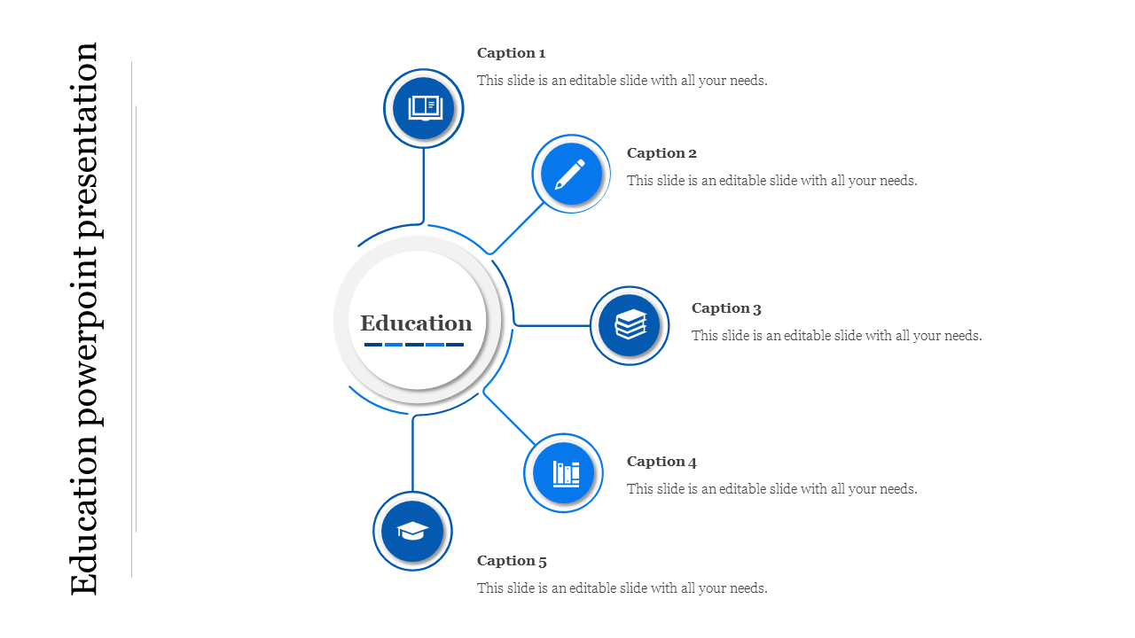 Education PowerPoint slide with a central circle and five surrounding sections linked by lines, each containing blue icons.