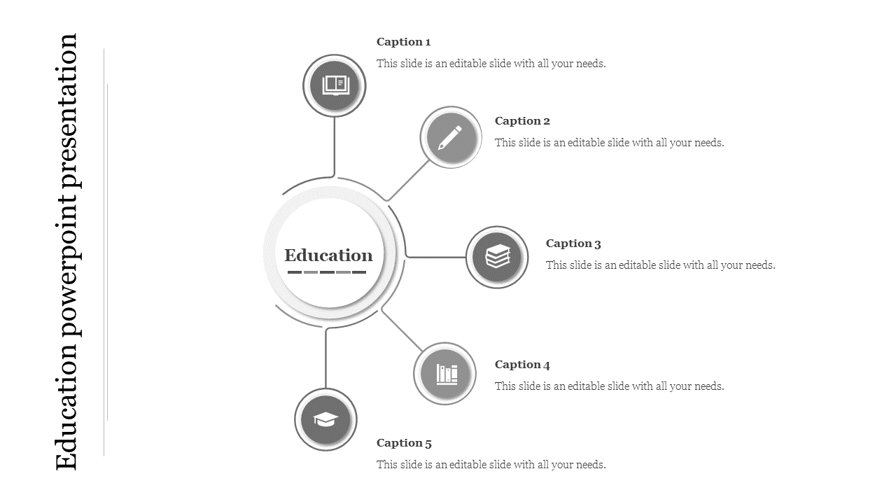 Grayscale education infographic with a central circle linked to five smaller icons representing different learning concepts.