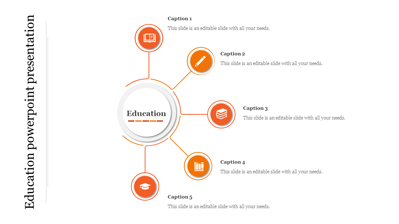 Education PowerPoint presentation template with a central circle labeled and five related captions with orange icons.