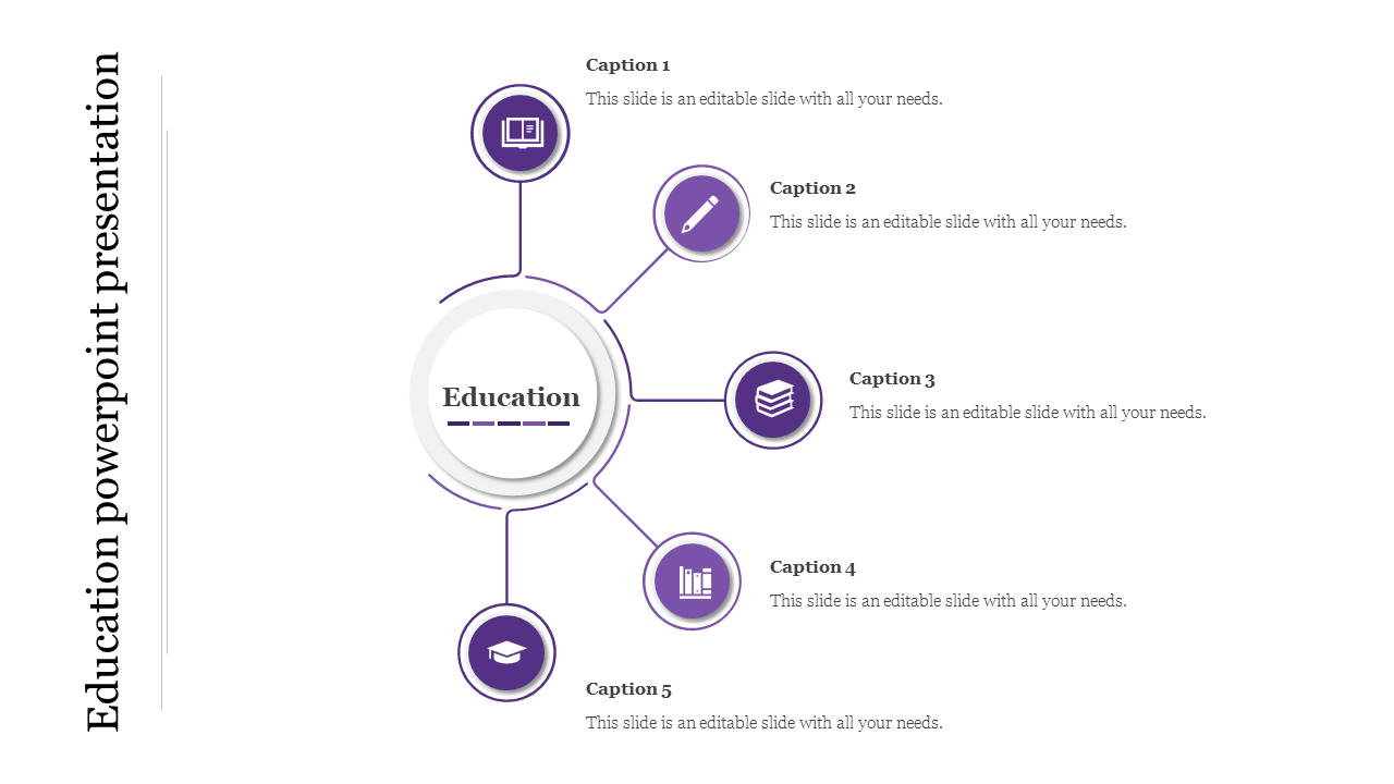 Education themed mind map in purple with a central circular element connected to five labeled icons by thin lines.