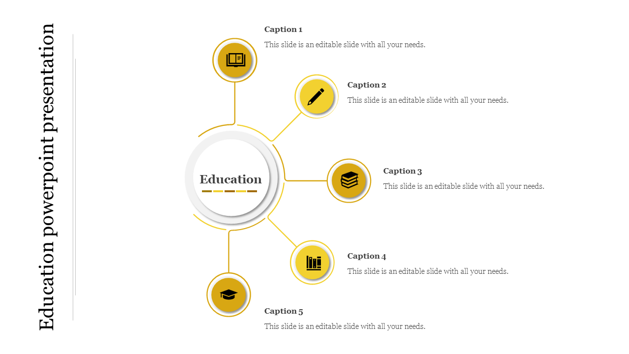 Education PowerPoint presentation template with a central circle labeled and five related captions with yellow icons.