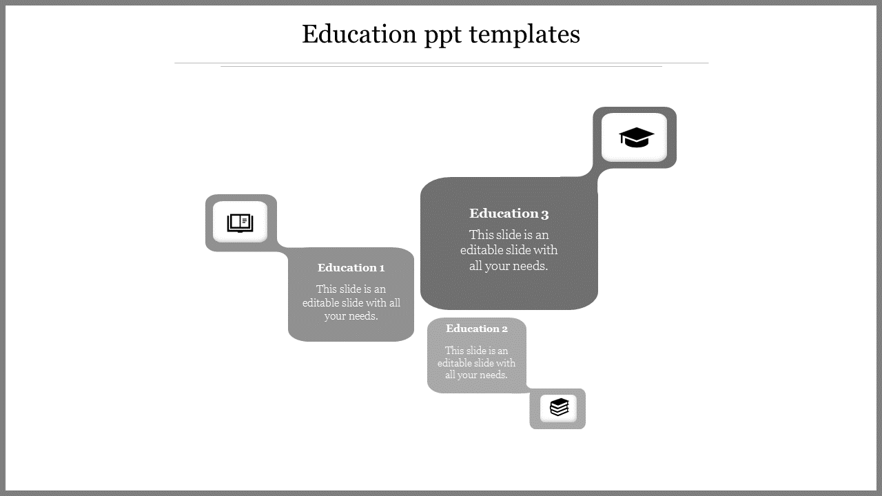 Grayscale education template with three connected speech bubbles, each containing an icon and text.