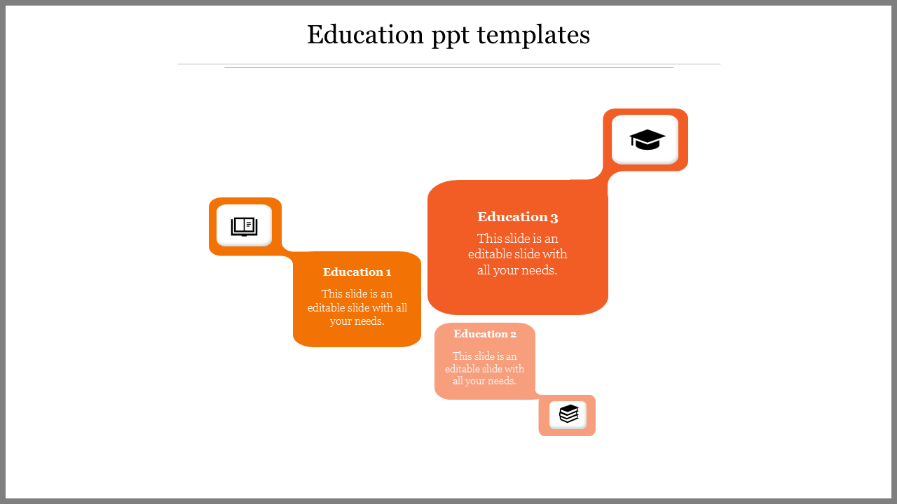 Education PowerPoint template featuring orange speech bubble like sections with icons for books, graduation, and learning.