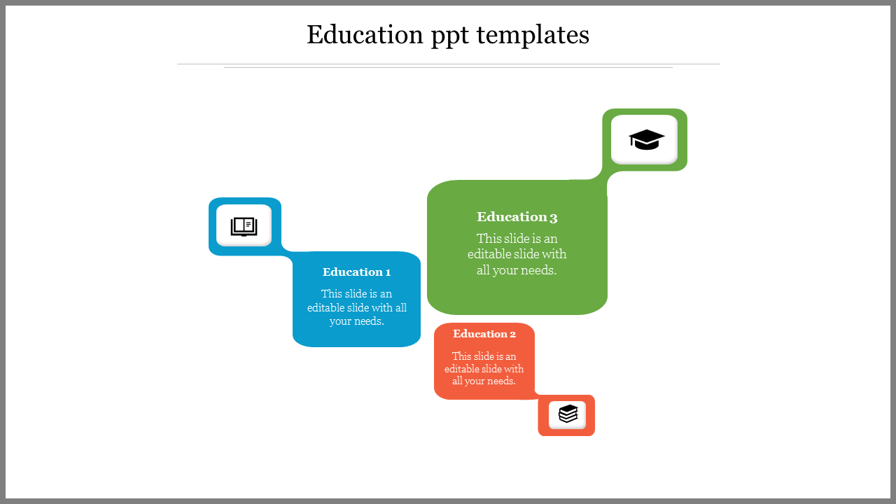 Three connected blocks in blue, red, and green represent educational stages with icons for books and a graduation cap.