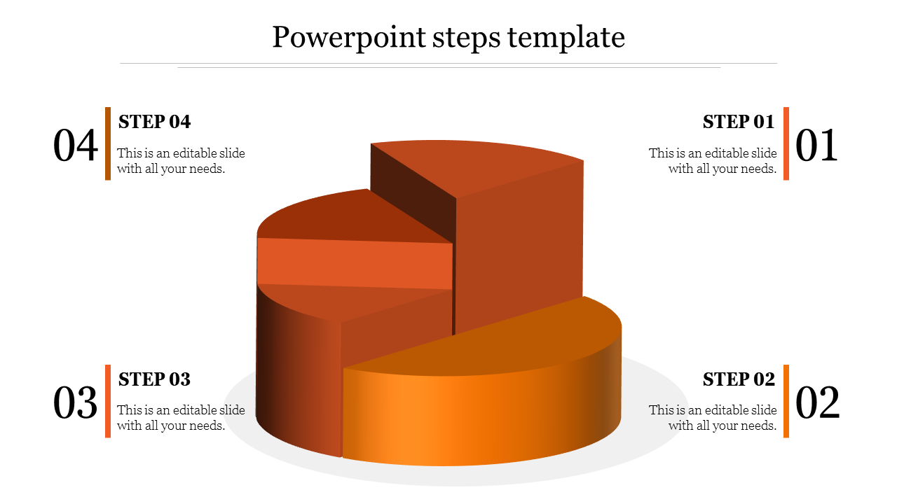 PowerPoint slide showing an orange 3D pie chart steps model with four steps labeled 01 to 04 with placeholder text.