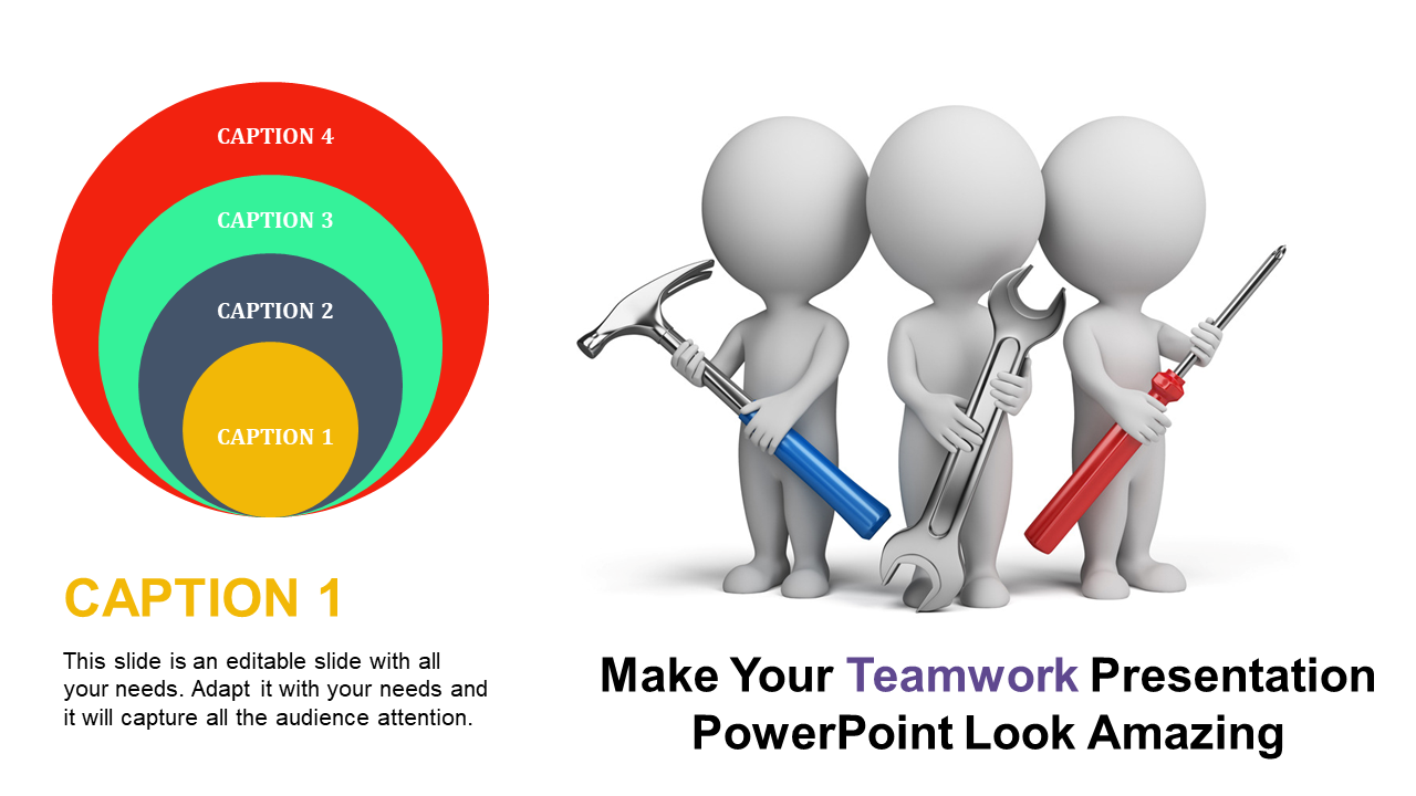 3D characters holding a hammer, wrench, and screwdriver, emphasize teamwork alongside a colorful layered diagram.