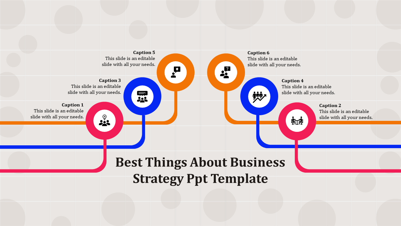 Business strategy PowerPoint template with six captions connected by colorful lines and circular icons on a grid background.