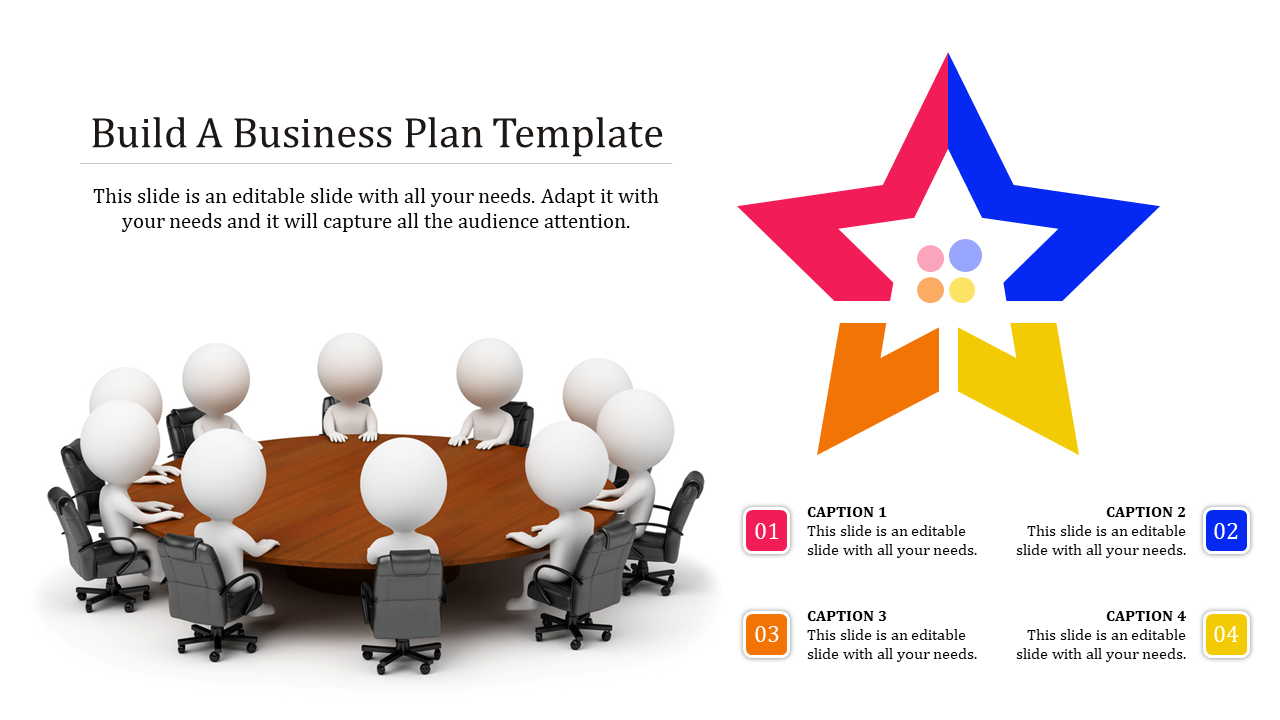 Business plan PowerPoint template showing figures at a round table and a colorful star infographic with numbered captions.