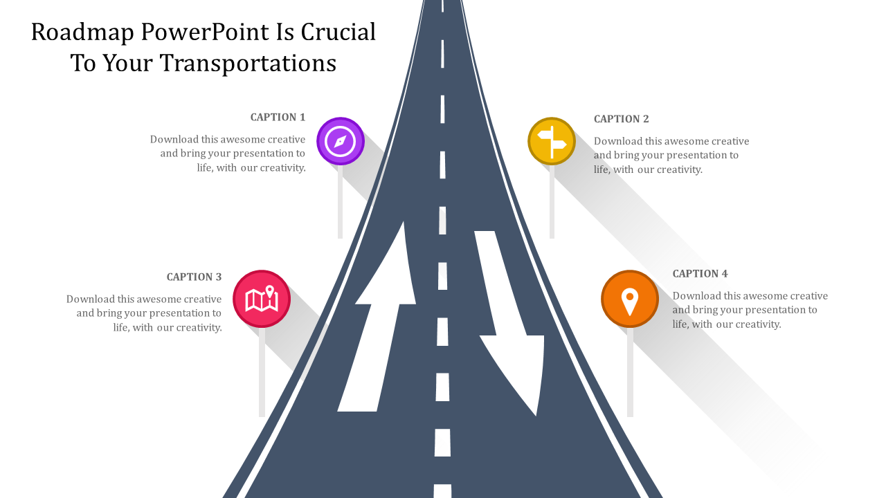 Transportation roadmap template featuring a road graphic and milestone markers with caption areas.