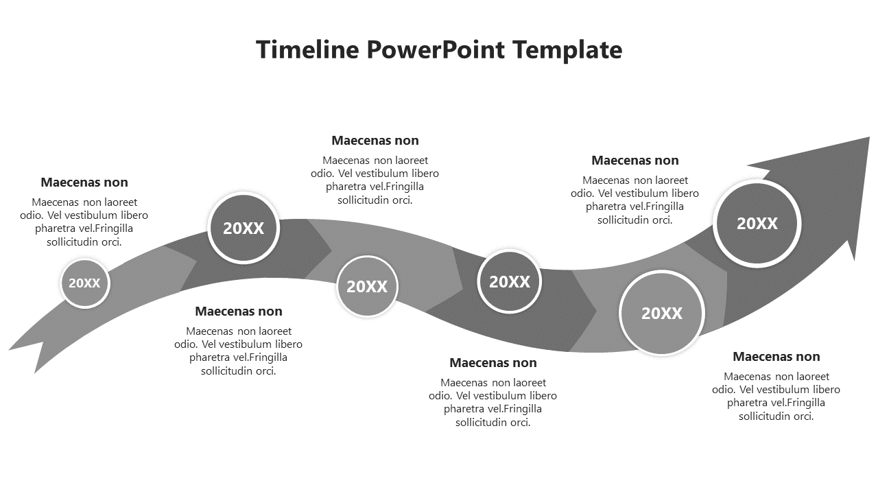 Grayscale timeline template with an upward arrow, featuring six circular milestones labeled 20XX, and placeholder text.