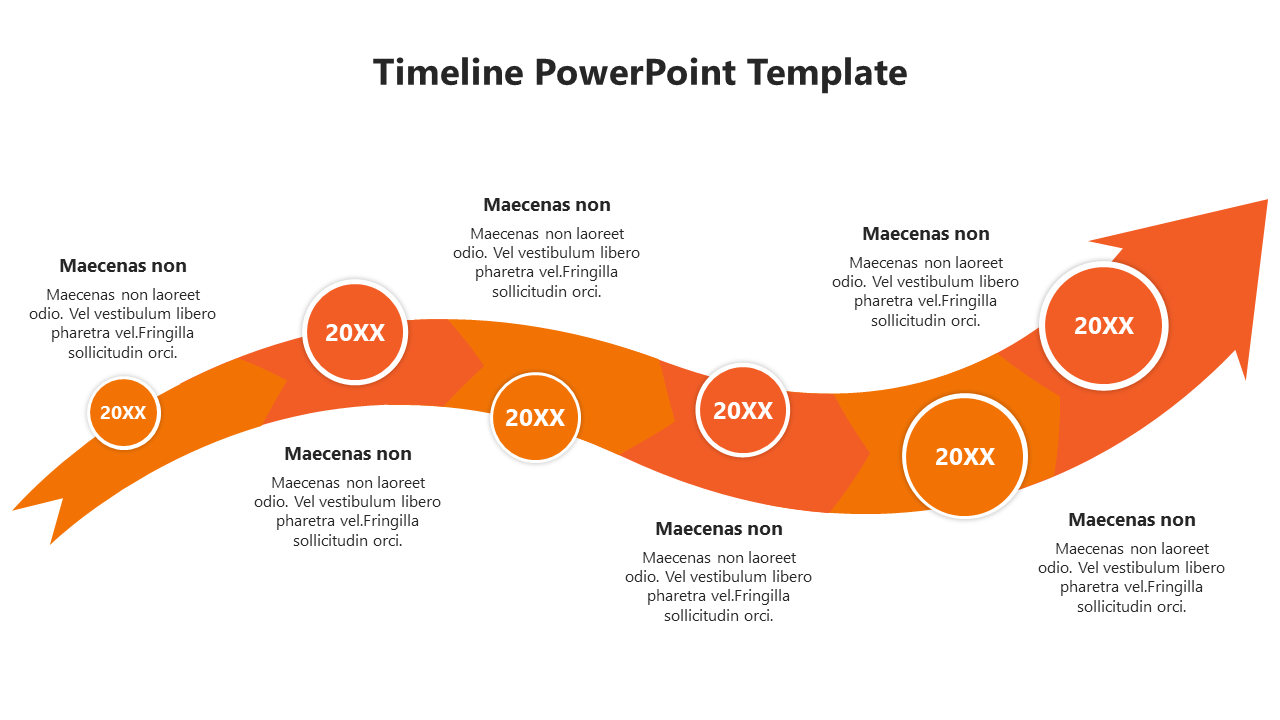 Orange arrow timeline with six labeled circles, arranged along a wave-like path, paired with placeholders text areas.