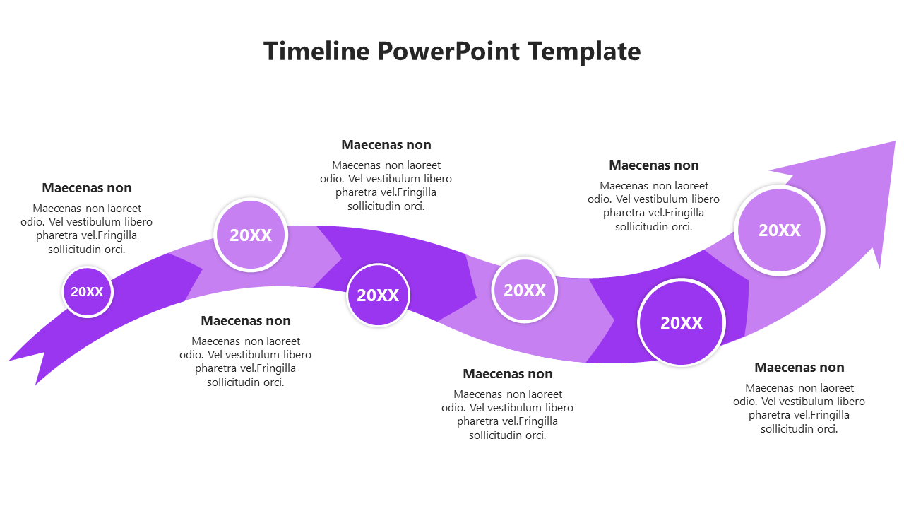 Timeline PowerPoint template featuring a purple arrow and circular markers, each with placeholder text for different years.