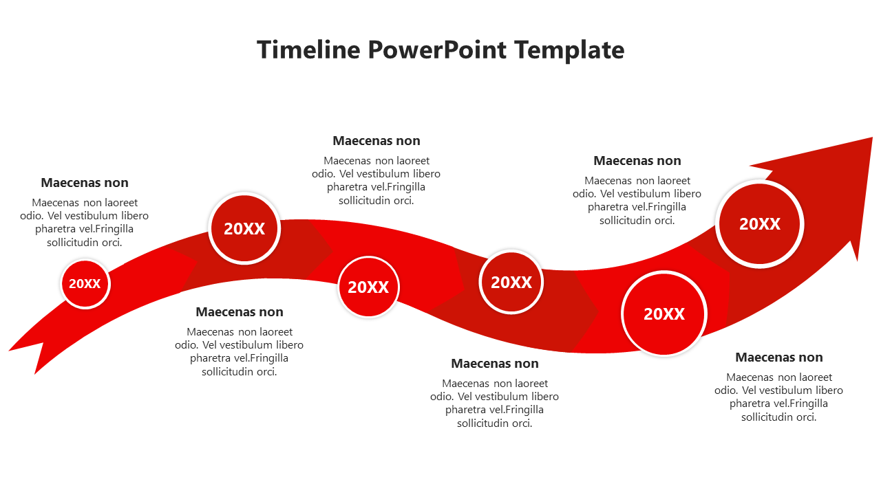 Wavy timeline template with circular date markers and placeholder text along a red arrow that points upward.