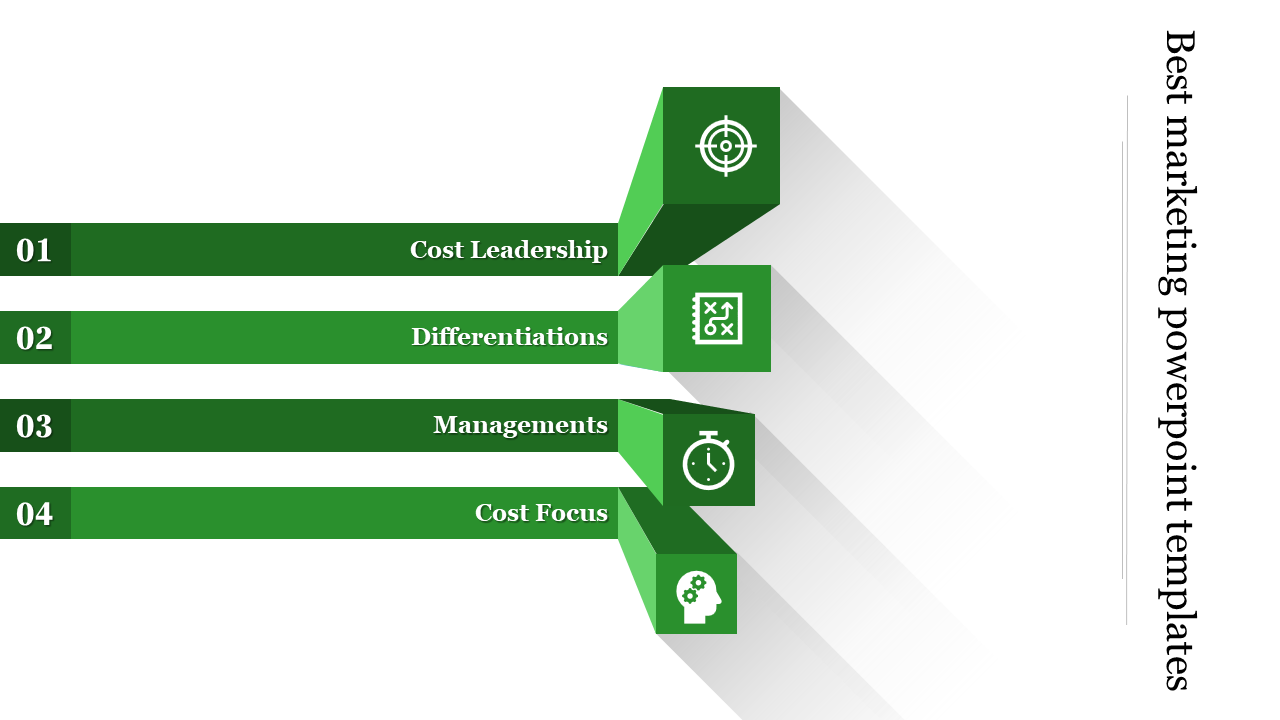 Best marketing PowerPoint slide with four numbered green blocks, each representing a strategy and accompanied by icons.