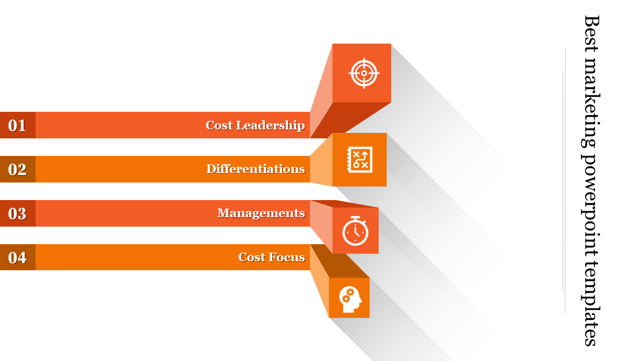 3D orange infographic with four horizontal bars, each ending in a cube with an icon, casting shadows to the right.